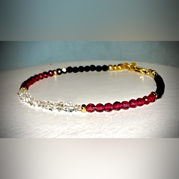 Herkimer Diamond,  Black Spinel, Ruby Bracelet 18kt Gold Vermeil Beads and Clasp - Picture 3 of 9